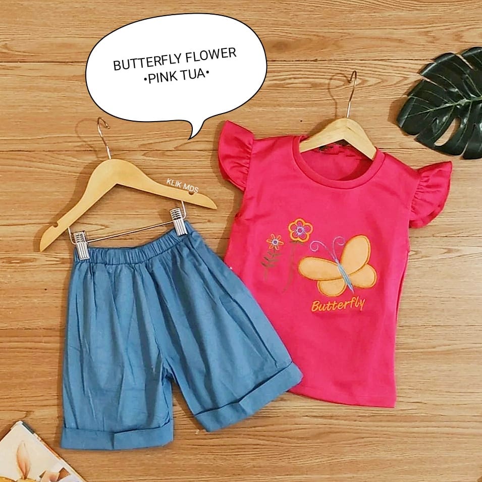 Baju Anak Perempuan Setelan Anak Atasan dan Celana Motif Butterfly Flower / 4 Ukuran / S-M-L-XL