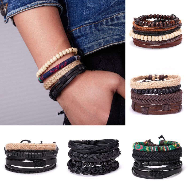 6pcs / Set Gelang Pria Strap Kulit Bandul Desain Daun + Manik-Manik Kayu Gaya Retro Adjustable Untuk Hadiah