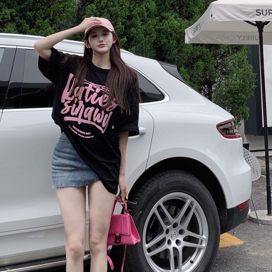 kaos atasan wanita lengan pendek oversize printed letters t shirt korean style kaos hitam