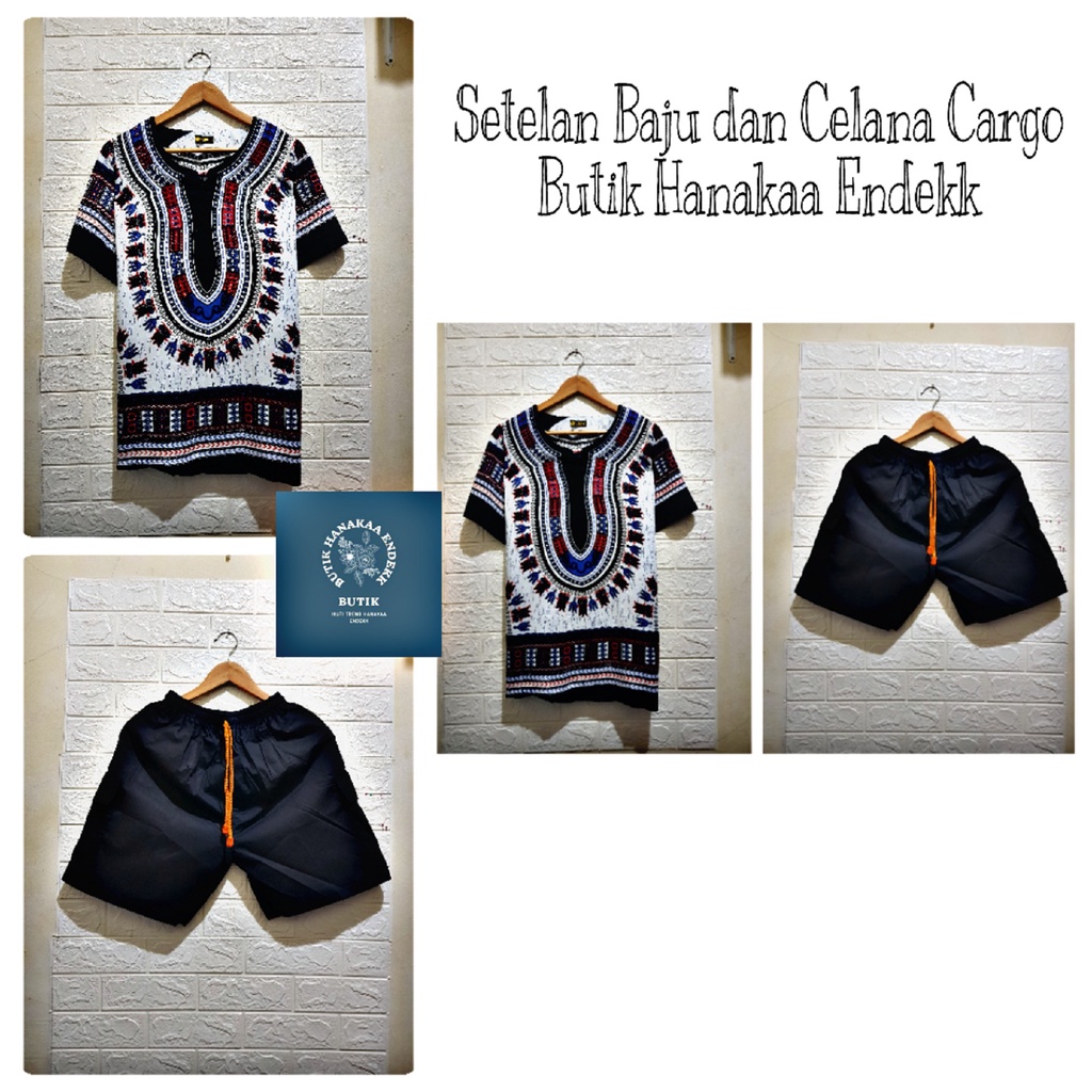 Setelan Baju dan Celana Cargo Etnik Dashiki Putih Lama Pria/Wanita (Unisex)