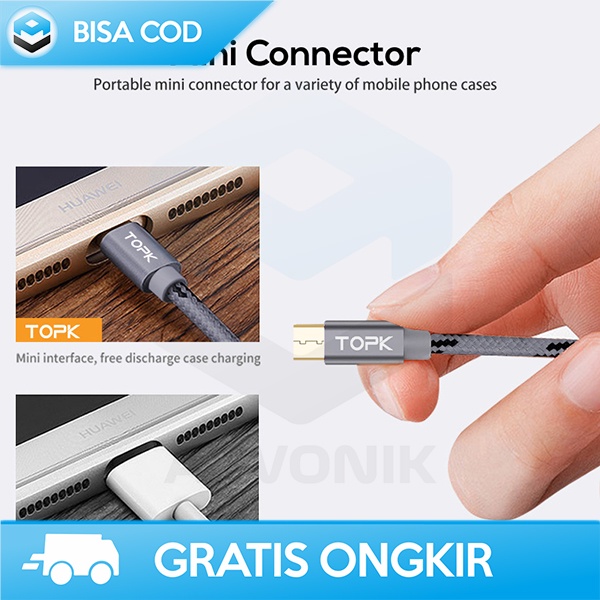 KABEL CHARGER MICRO USB TOPK MINI CONNECTOR BRAIDED 1 METER 09 S.4A 09