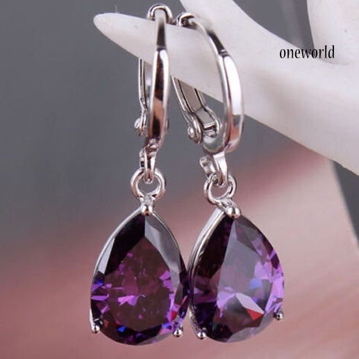 OW@ Elegant Women's Purple Rhinestone Water Drops Leverback Dangle Earrings Gift