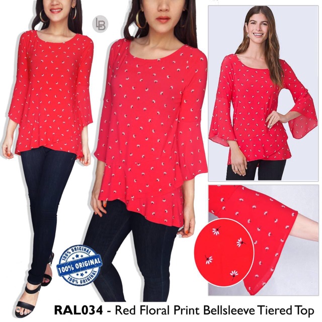 B853 Roz Ali Red Floral Print Bellsleeve Tiered Top