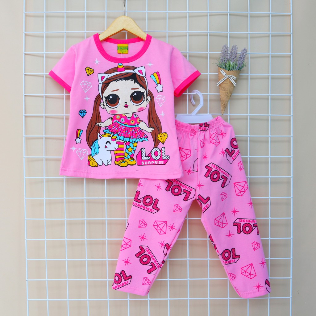 KJ Motif Boneka Kuncir / Setelan Baju Celana Piyama Anak / Bayi Perempuan  Usia 2 - 8 tahun