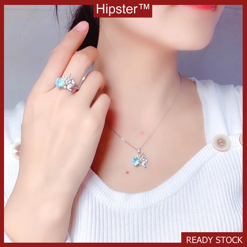 New Super Fairy Design Butterfly Suit Sky Sapphire Rings Pendants Necklace