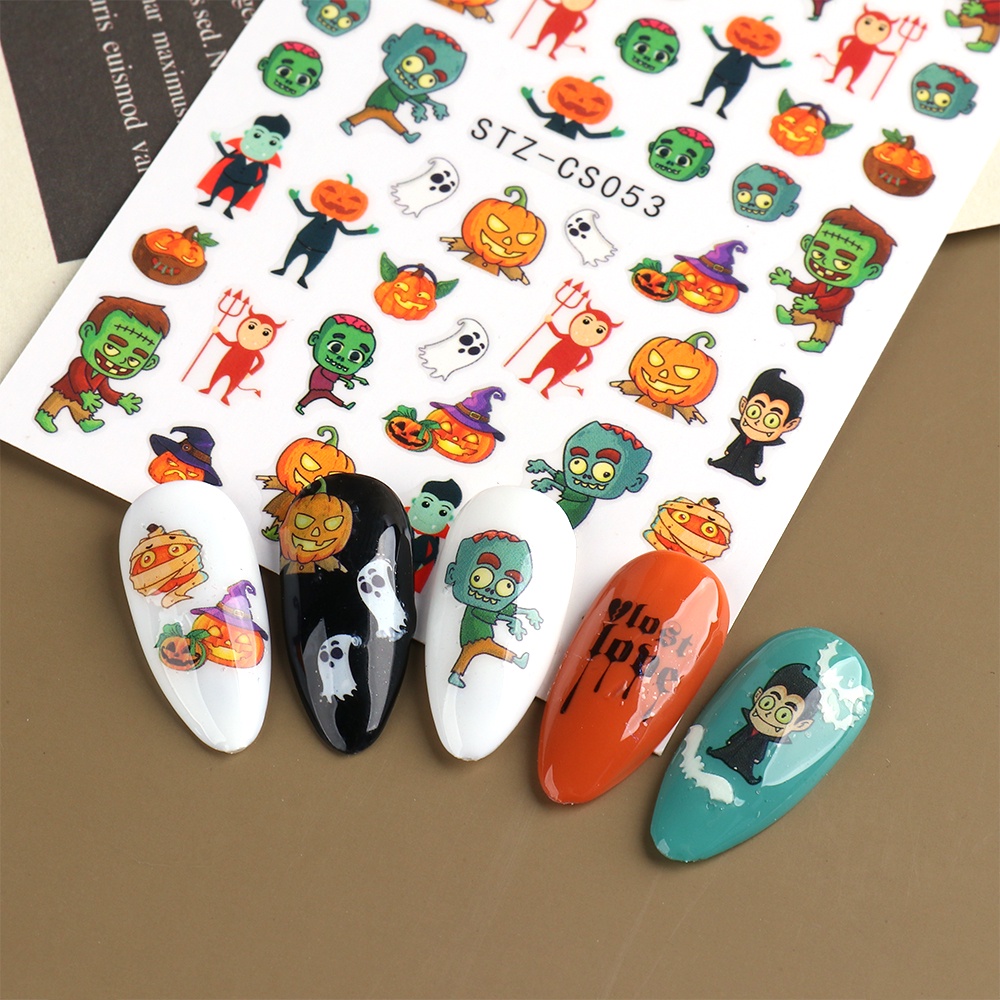 1pc Stiker Kuku Desain Labu Monster Daun Maple Halloween 5D Untuk Dekorasi Manicure