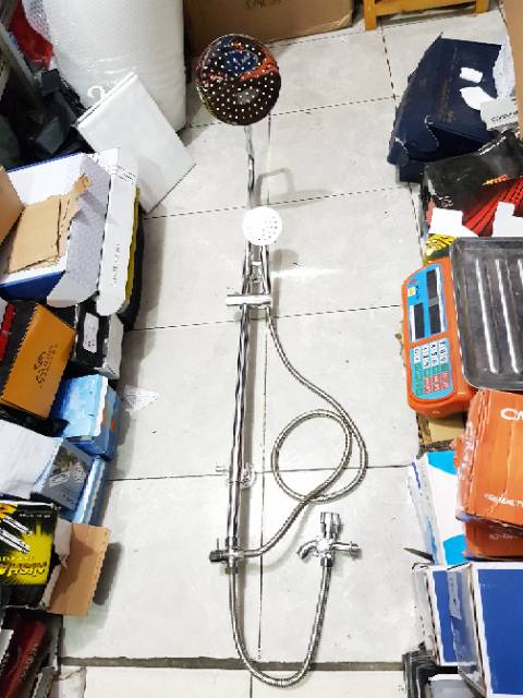 Paket shower tiang set coulomn stainless bulat bano + kran cabang