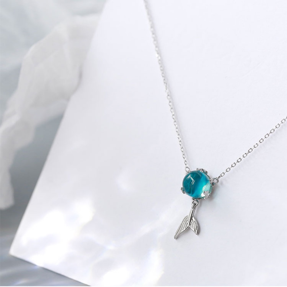 Kalung S925 Silver Hias Liontin Ekor Mermaid Warna Biru Busa Gaya Korea Untuk Wanita