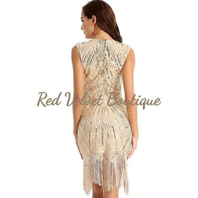 (((Bisa Bayar Di Tempat))) Gold Gatsby Sleeveless Midi Dress Sequin Beige Evening Gown Import