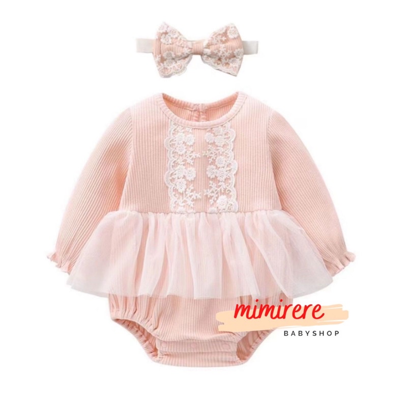 Catell love Jumper Bayi Lengan Panjang Rib Tutu + Bandana Soft Pink Pesta