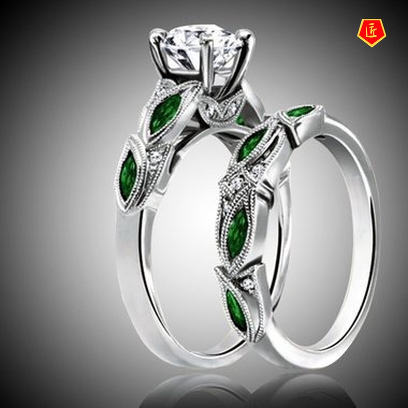 [Ready Stock]Creative Diamond Green Crystal Leaves Ring Set Female