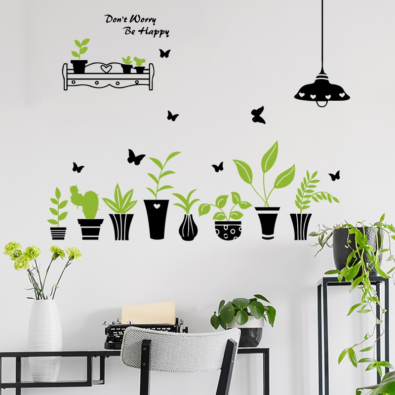 2pcs / set Stiker Dinding Decal Desain Kartun Butterfly Pot Tanaman Hijau Untuk Dekorasi Ruang Tamu / Kamar Tidur