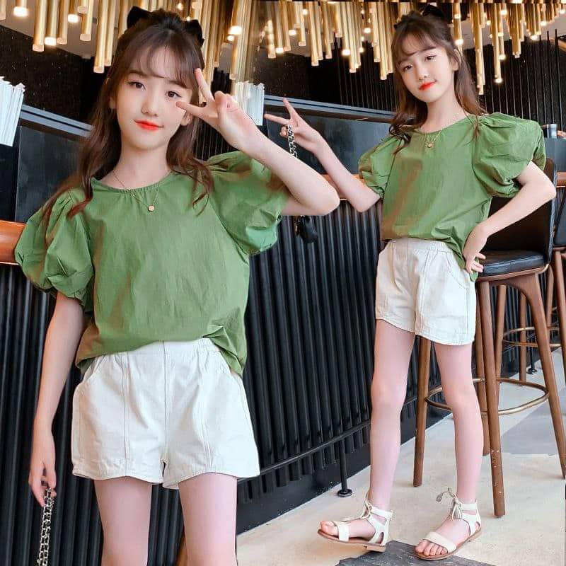 Setelan Anak Perempuan Shoulder Puff Sage Green