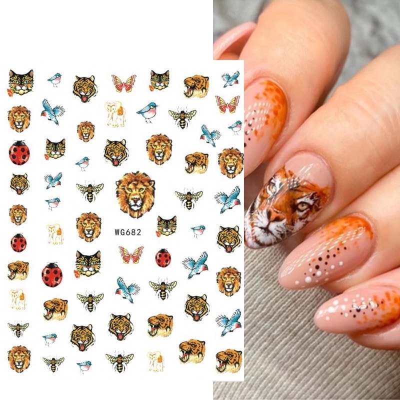1 Sheet Pack 3D Leopard Geometric Line Animal Nail Art Stickers / Colorful Flower Tiger Lion Pattern Paper Nails Stickers / Water Transfer Nail Decal / Manicure Art Decorations / DIY Nail Makeup Tools