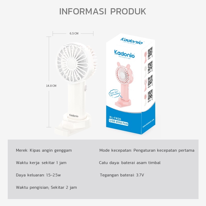 KADONIO Kipas Angin Mini Portable USB Cas Karakter Dapat Digunakan Sebagai Dudukan Ponsel KL-FN20-Normal-FN20 White