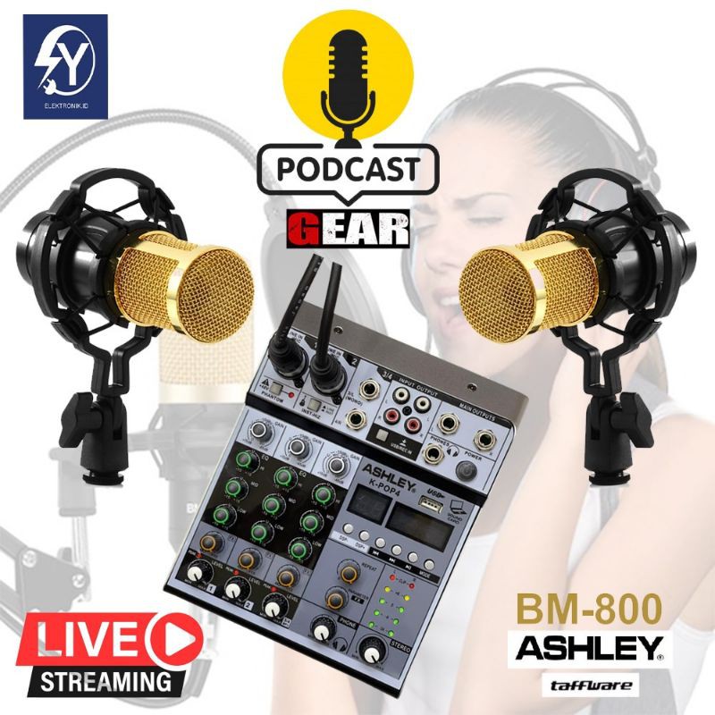 1 Set Alat Podcast 1-2 Orang/Mic youtuber/ Mixer Ashley 4 Channel -Mic BM800 condenser