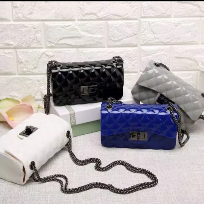 TAS JELLY GLOSSY SIZE 18 CM RANTAI HITAM | TAS MINISO | TAS SLEMPANG WANITA