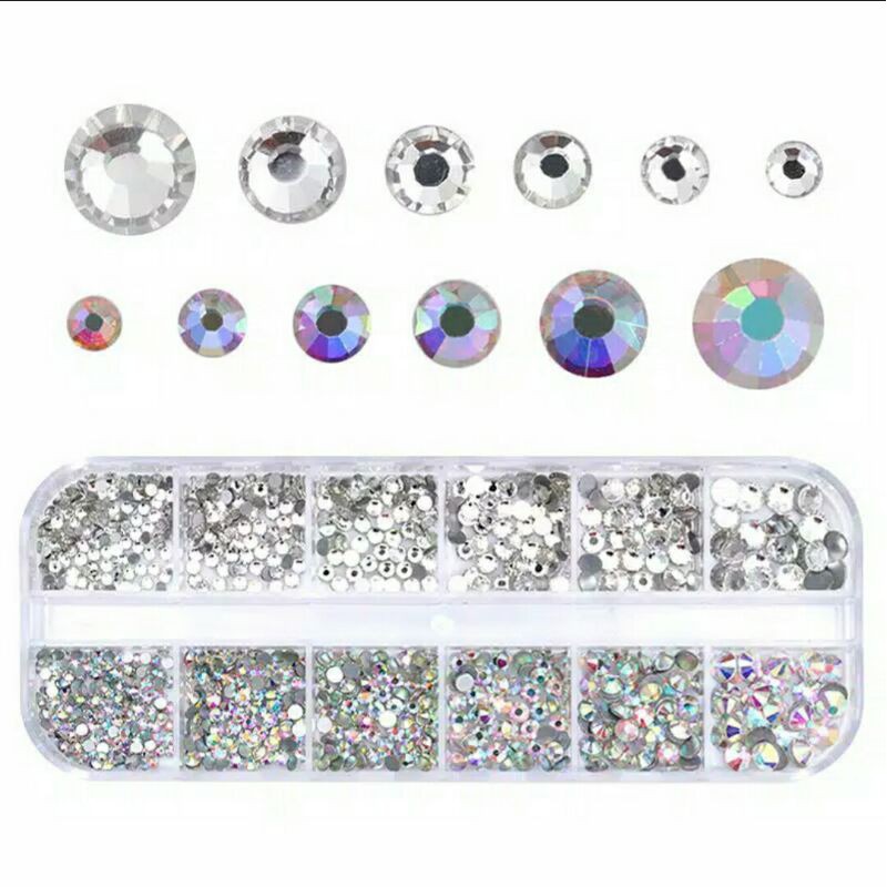 1 Kotak berlian imitasi 3D berbagai ukuran untuk Nail Arts/rhinestone/manik-manik/halfpearl pelangi clear white