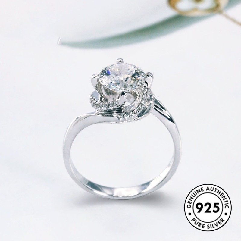 Cincin Sterling Silver 925 Simple Elegan Dengan Berlian Imitasi Untuk Wanita