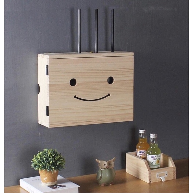 Nanhayu Smiley - Wifi Router Storage Box Organiser, Rak Wifi Kayu Model Smiley