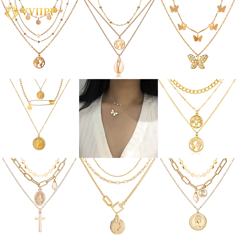 Kalung Choker Multilayer Liontin Bulan Sabit + Kupu-Kupu Warna Gold untuk Wanita Necklace