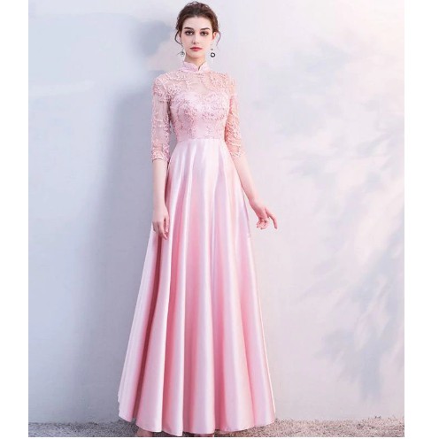 High neck half sleeve A Line pink bridesmaid dress long wedding guest dress gaun pesta dewasa