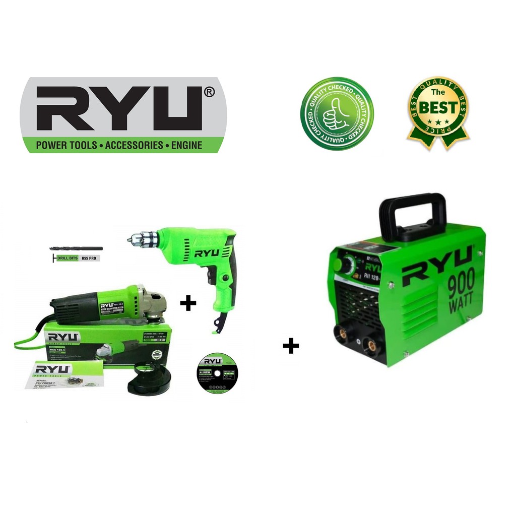 Paket Hemat Mesin Las 900Watt Ryu + Bor 10 Mm Ryu + Gerinda 4 Inch Ryu