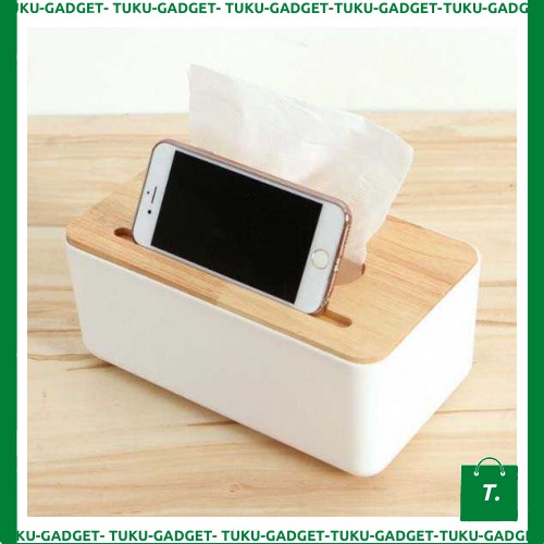 Tempat Tissue Kotak Dengan Holder Smartphone Motif Kayu