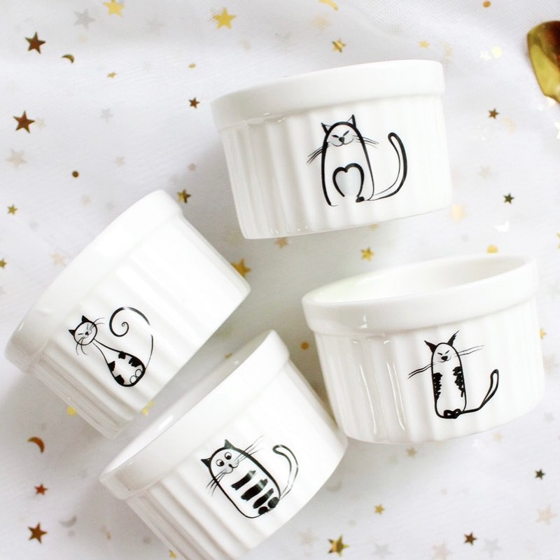 RAMEKIN KERAMIK PUTIH MOTIF KUCING CAT MEOW/RAMEKIN BOWL KERAMIK