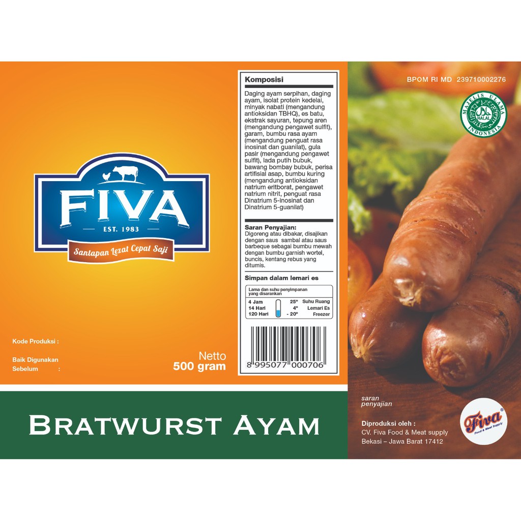 

Fiva Sosis Bratwurst Ayam Chicken Bratwurst Sausage Netto 500 Gram