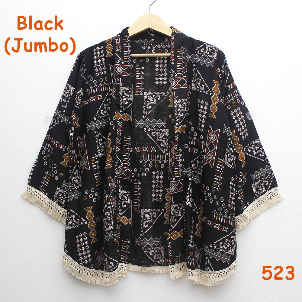 𝑱𝒂𝒌𝒂𝒓𝒕𝒂𝑭𝒂𝒔𝒉𝒊𝒐𝒏 cardigan outer batik tribal katun adem rumbai sisir keliling bohemian etnik boho styleO-523 Black (JUMBO)