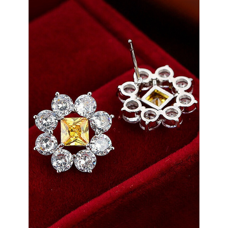 Yellow CZ Flower Earrings Female Bling Bling Wedding Engagement Party Ear Stud Luxury Silver Color Women Fashion Jewelry