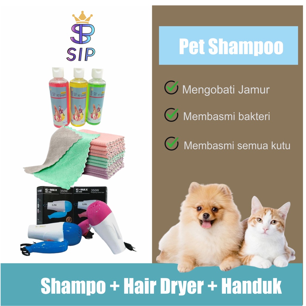 PAKET GROOMING HEWAN MANDI KUCING ANJING / SIKAT KARET MANDI PIJAT BULU KUCING / Perlengkapan Mandi Kucing Hair Dryer + Handuk Microfiber + Shampoo