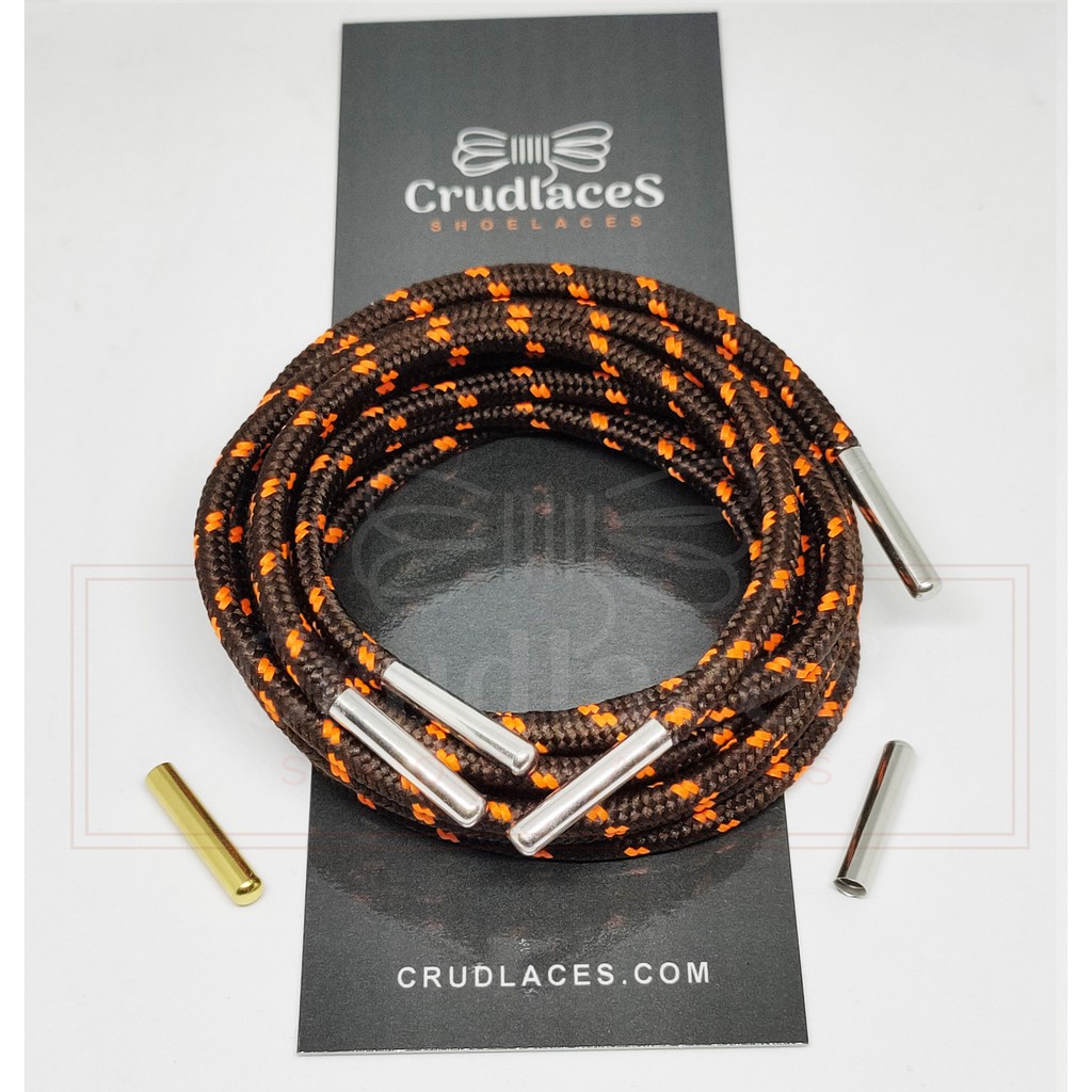 Tali Sepatu Gunung Bulat Coklat Motif Oren- Shoelaces Round Ujung Tali Aglets Metal Besi - Crudlaces