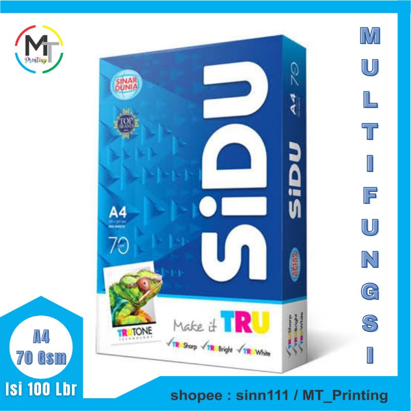 

KERTAS A4 HVS ECER MURAH SIDU 70 GSM isi 100 Lbr
