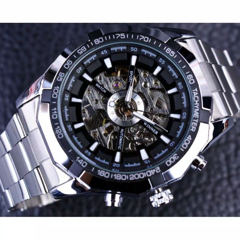 FORSINING SILVER HITAM jam tangan mekanik otomatis