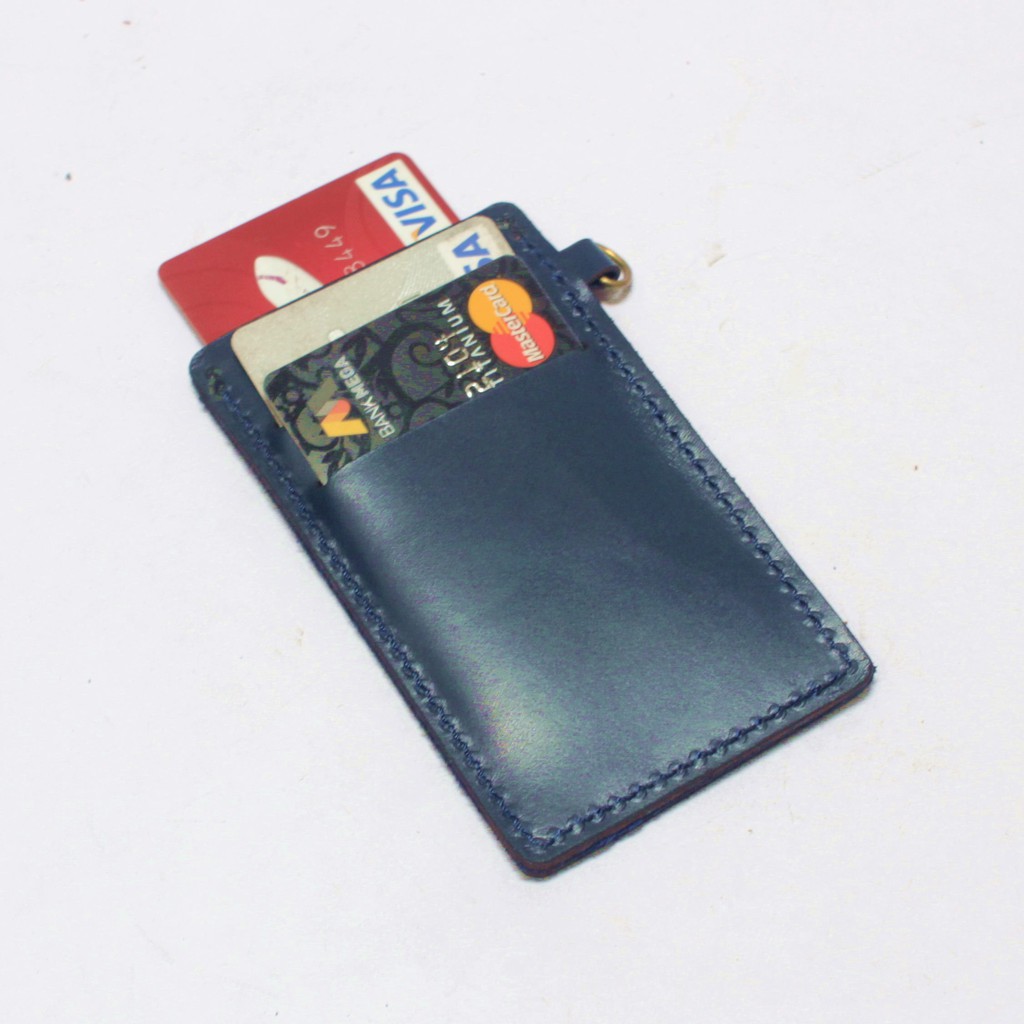 gantungan dompet ID card kulit biru - tali id card holder - PHID823