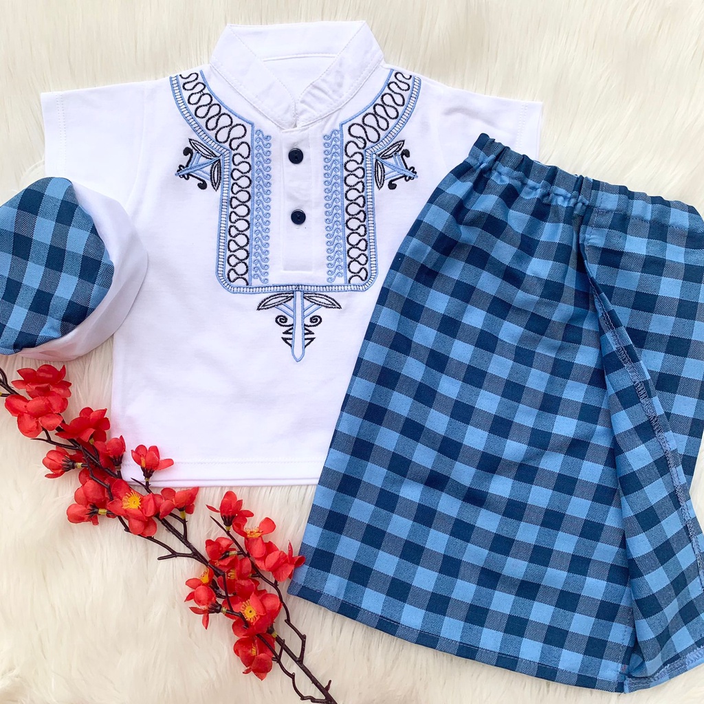 Setelan Baju Koko Peci dan Sarung bordir Lebaran Keren Bestseller Anak Bayi Cowok Laki Murah -kok