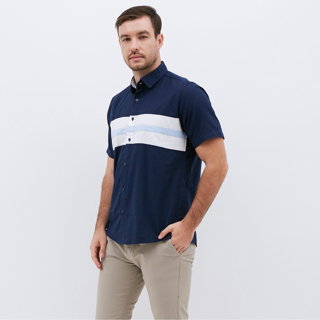 M231 Kemeja Pria Basic Combination Oxford Pendek Navy 1056B-1