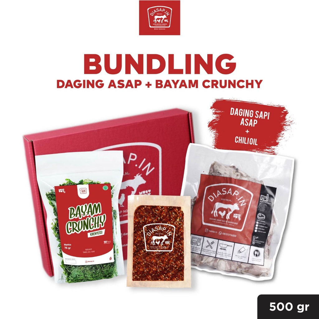 

Bundle SEI SAPI / Daging Sapi Asap + Keripik Bayam Crunchy + 1 Sambal Sachet DIASAPIN