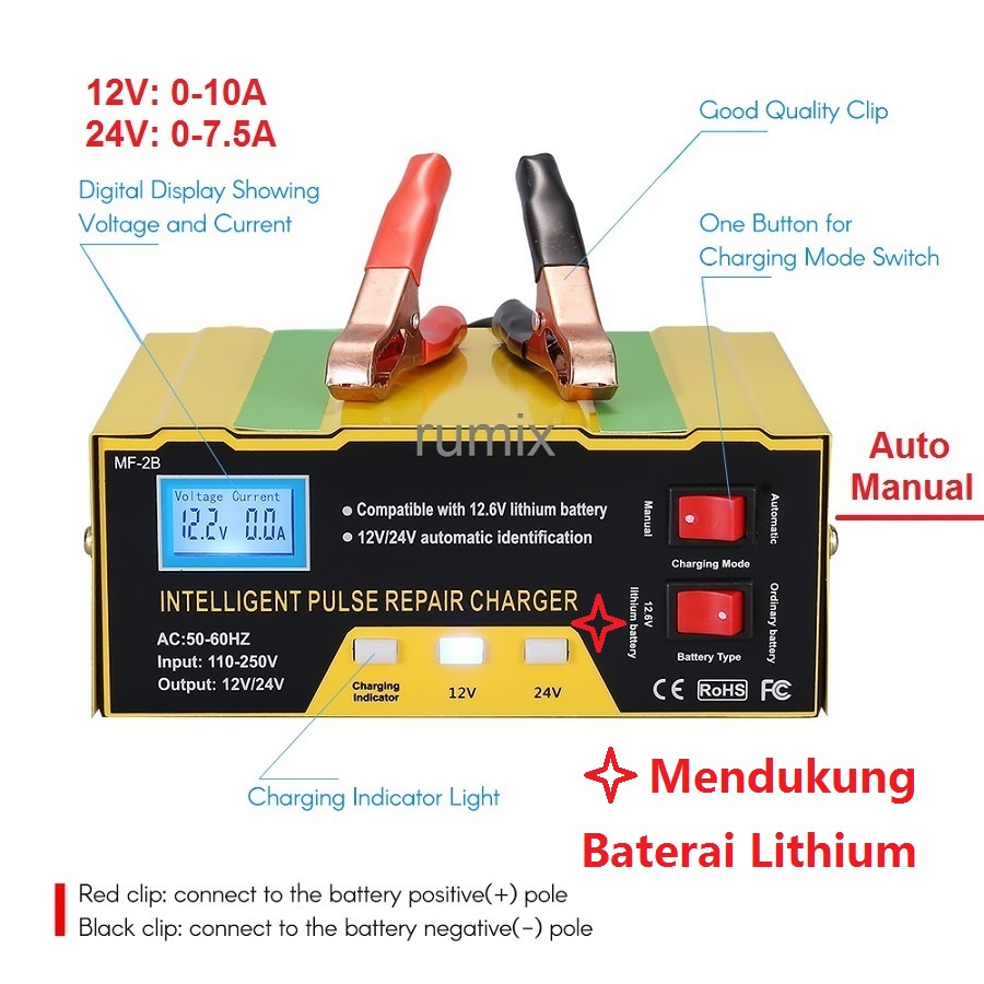 Charger Aki 12V/24V 6-105AH MF-2B Smart Battery Charger Mobil Motor Truk Intelligent Pulse Repair Type Charger MF2B Smart