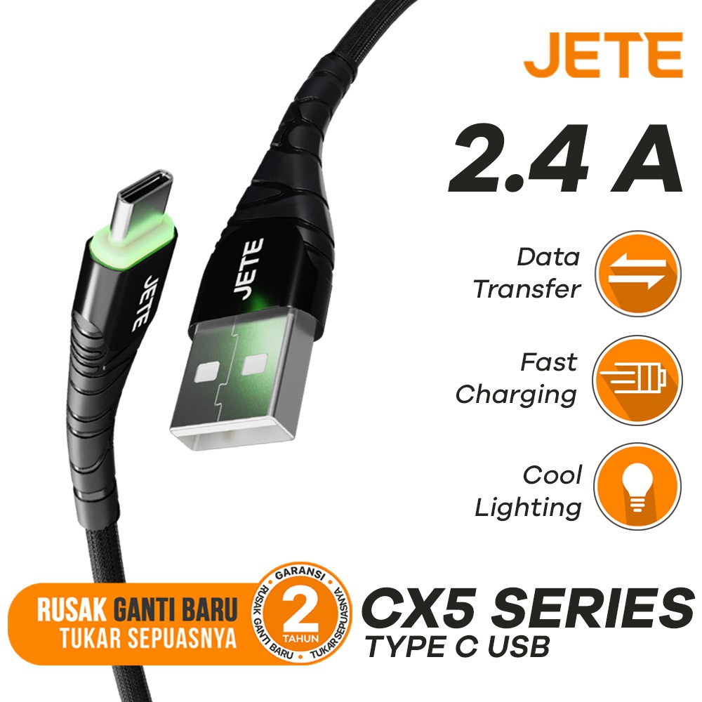 Kabel Data | Kabel USB | Kabel Charger Type C Fast Charging with LED Light JETE CX5 - Garansi 2 Tahun