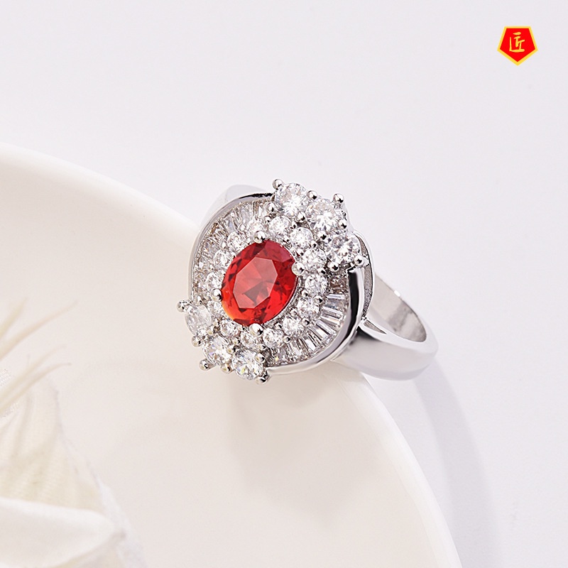 [Ready Stock]Luxury Fashion Inlaid Ruby Ladder Square Diamond Ring