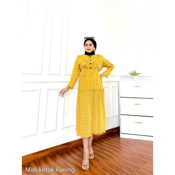 gamis wanita Midi dress rayon viscos motif salur pakaian wanita kekinian busui kancing warna biru kuning hijau ungu