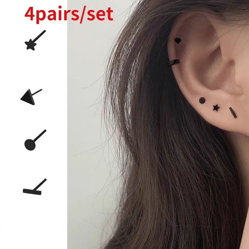 4 Pasang / set Anting Tusuk Motif Geometri Simple Warna Hitam Untuk Pria / Wanita