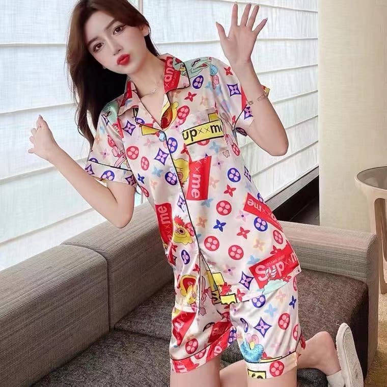 Baju Tidur Set Kemeja Satin Premium Lengan Pendek Celana Pendek Piyama Wanita Import HPS