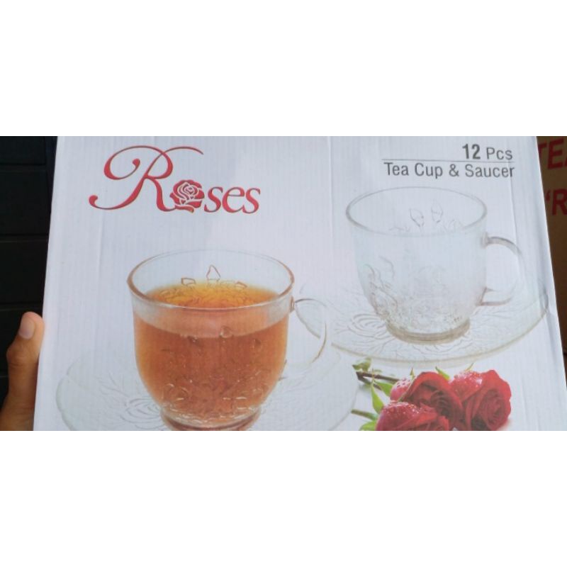 Tea Cup Set / Cangkir Gelas Air Teh Kopi Kaca Set Piring Tatakan Bunga Bening 6 Set 12 Pcs