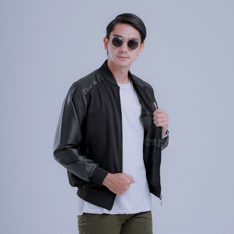 JAKET BOMBER PRIA EKSLUSIVE KOMBINASI SEMI KULIT DAN FLEEC SWEATER,NYAMAN DI PAKAI