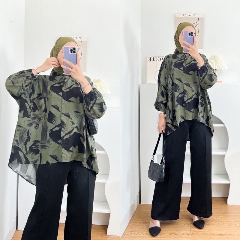 Kemeja Oversize Wanita Kemeja Big Size Rayon Motif