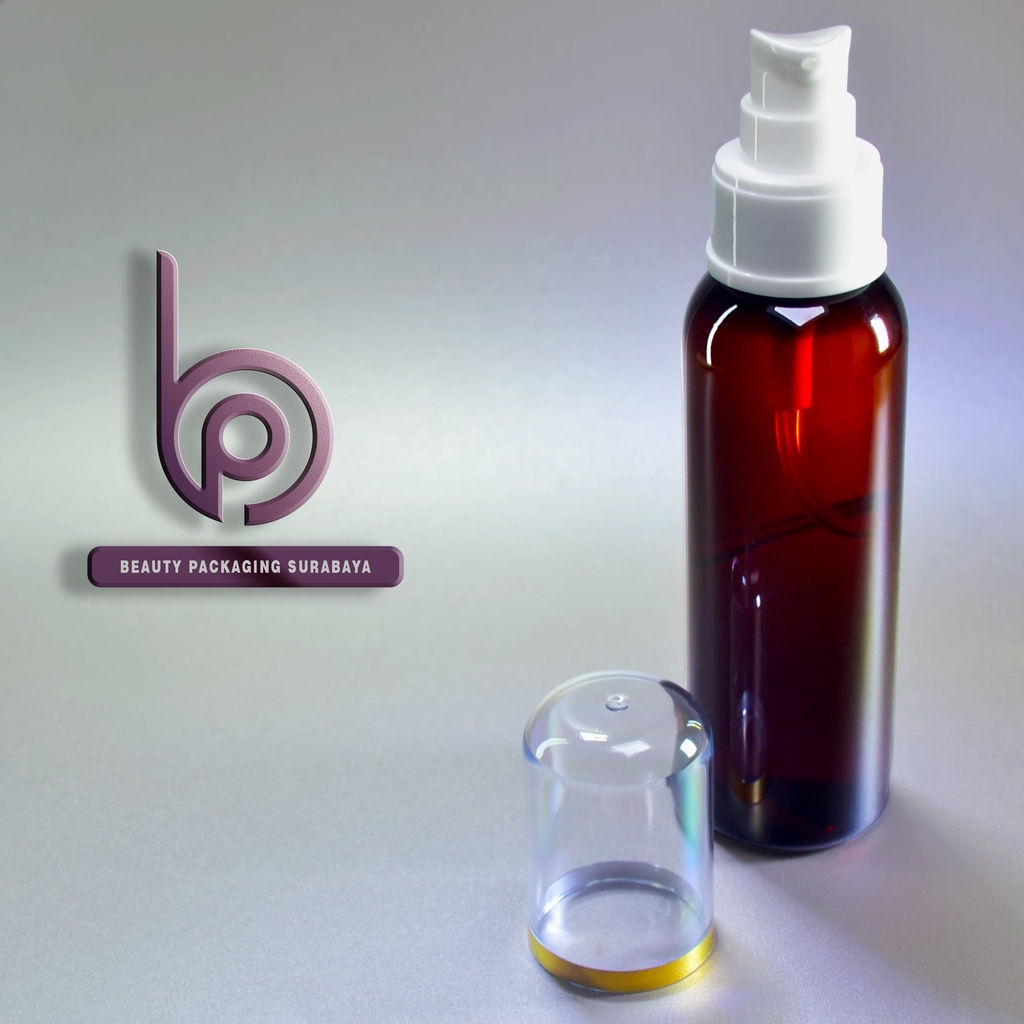 Botol plastik PET 100ml BR coklat amber tutup pump treatment FC putih